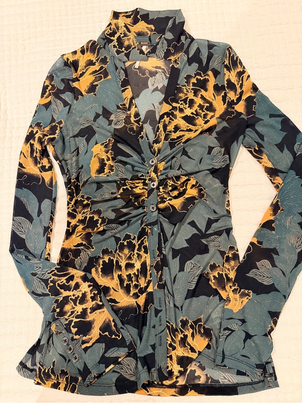 Free People Tan Floral Print Blouse with Teal Accents